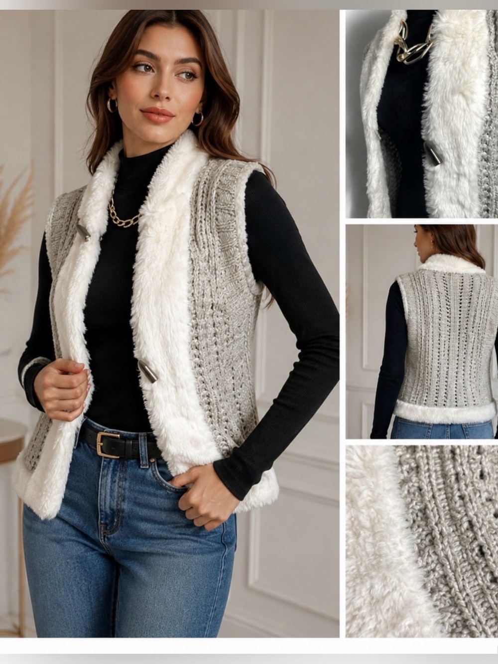Brand: Christina petite, knitted vest, with teddy, beige color size: PL